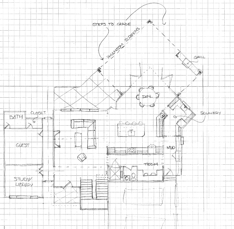 Hand-drawn floor plan sketch of a custom Bost home with dining, scullery, mud, and study areas